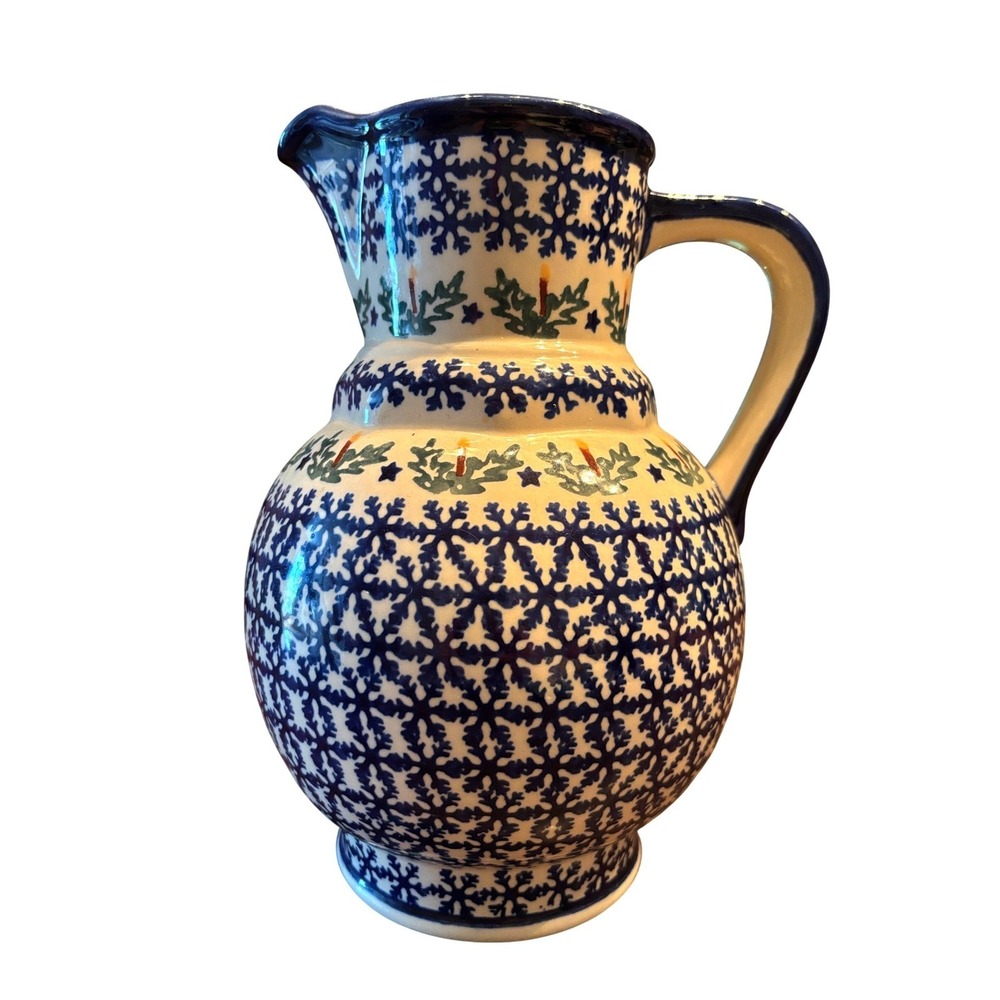 Boleslawiec Polish Pottery Pitcher Snowflake Holly Candle Hand Made Poland Blue